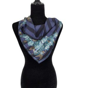 Elaine Gold Silk Chiffon Scarf Navy Blue Floral 20" Square  Neckerchief
